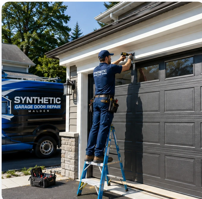Synthetic Garage Door Repair Malden technician servicing a residential garage door